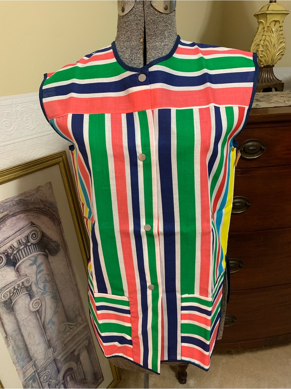 Vintage 60’s House Coat Blouse Bright Rainbow Striped Snap Front NEW